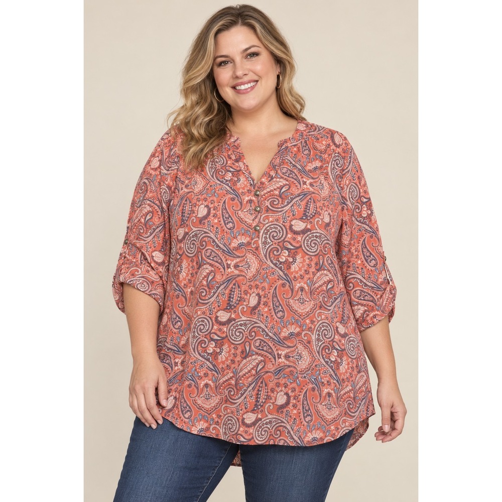 Kim Rogers Curvy 2X Coral Paisley Tunic Blouse Roll Tab 3/4 Sleeve